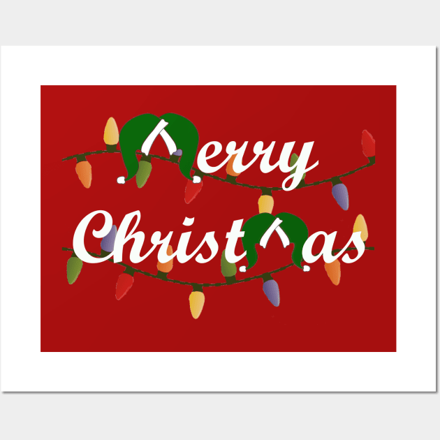 Classic Merry Christmas with Santa Hats - White font Wall Art by Humerushumor